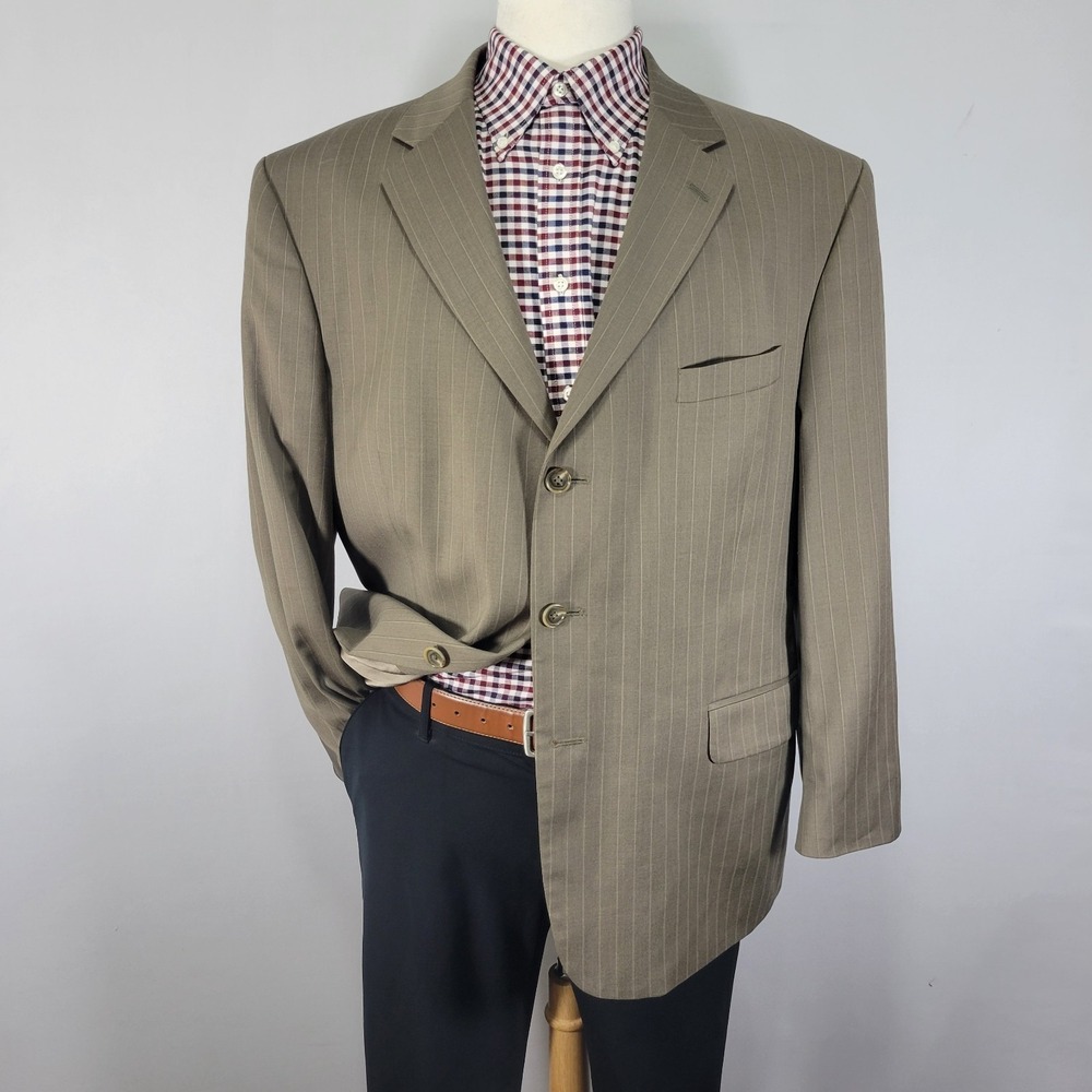 Stafford Performance Men's Sport Coat Three‎ Button Dark Beige Striped 46S